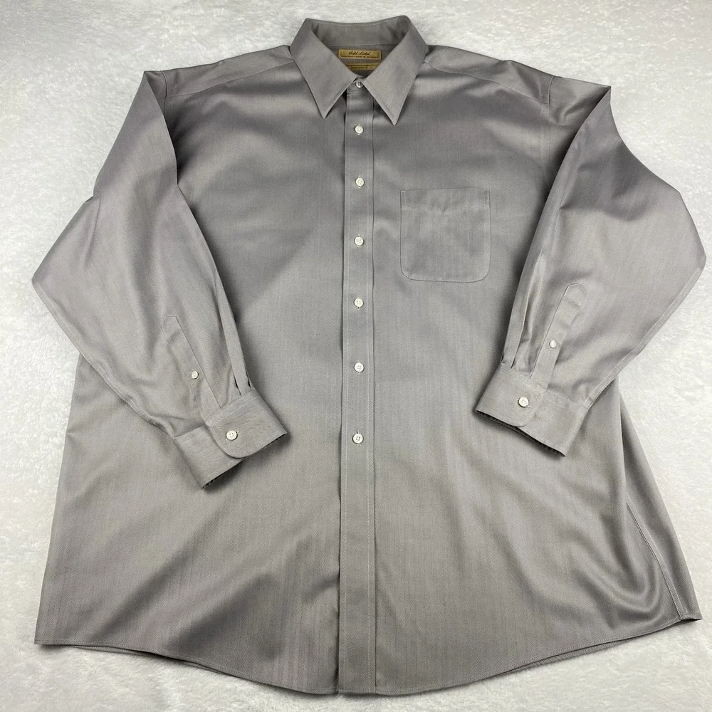Roundtree & Yorke Gold Label Dress Shirt Mens 17.5-34 Gray Herringbone Regular